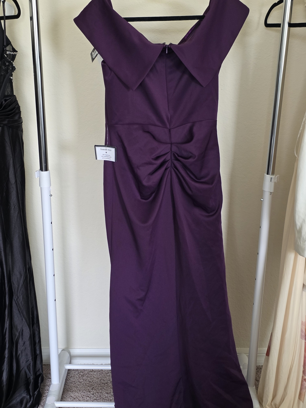 Xscape Dress Off-Shoulder Ruffle Gown Purple Patti Techno Scuba Size 16 - Picture 11 of 12